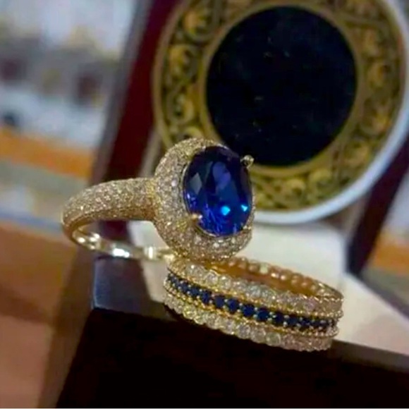 New 925 2Pcs/Set Exquisite Luxury Noble Blue Stone Ring Set Sz 4 red or blue - Picture 2 of 8